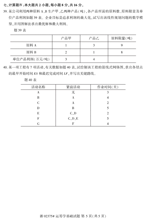 全国2019年10月自考02375运筹学基础试题