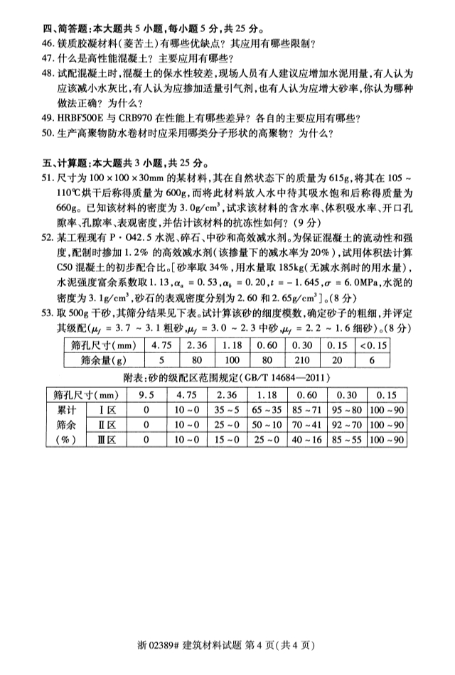 全国2019年10月自考02389建筑材料试题